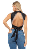 Chic Sleeveless Crop Top with Dazzling Back Fringe Detail