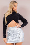 Cross-Front Ribbed Knit Crop Sweater