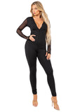Women's Elegant Stretch Long Sleeve Jumpsuit with Sheer Mesh Details and Front Zipper V-Neck Design