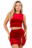 Velvet Mini Skirt Set With Lace Up Side