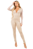 Women's Elegant Stretch Long Sleeve Jumpsuit with Sheer Mesh Details and Front Zipper V-Neck Design