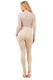 Women's Elegant Stretch Long Sleeve Jumpsuit with Sheer Mesh Details and Front Zipper V-Neck Design