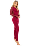 Women's Elegant Stretch Long Sleeve Jumpsuit with Sheer Mesh Details and Front Zipper V-Neck Design