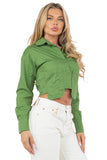 Front Cargo Pocket Long Sleeve Button-Down Cropped Blouse