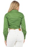 Front Cargo Pocket Long Sleeve Button-Down Cropped Blouse