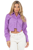 Front Cargo Pocket Long Sleeve Button-Down Cropped Blouse