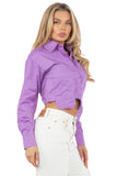 Front Cargo Pocket Long Sleeve Button-Down Cropped Blouse