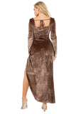 Women's Velvet Side Slit Evening Gown with Cut-Out Detail and Extended Sleeves