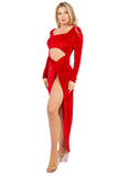 Women's Velvet Side Slit Evening Gown with Cut-Out Detail and Extended Sleeves