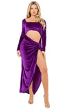 Women's Velvet Side Slit Evening Gown with Cut-Out Detail and Extended Sleeves